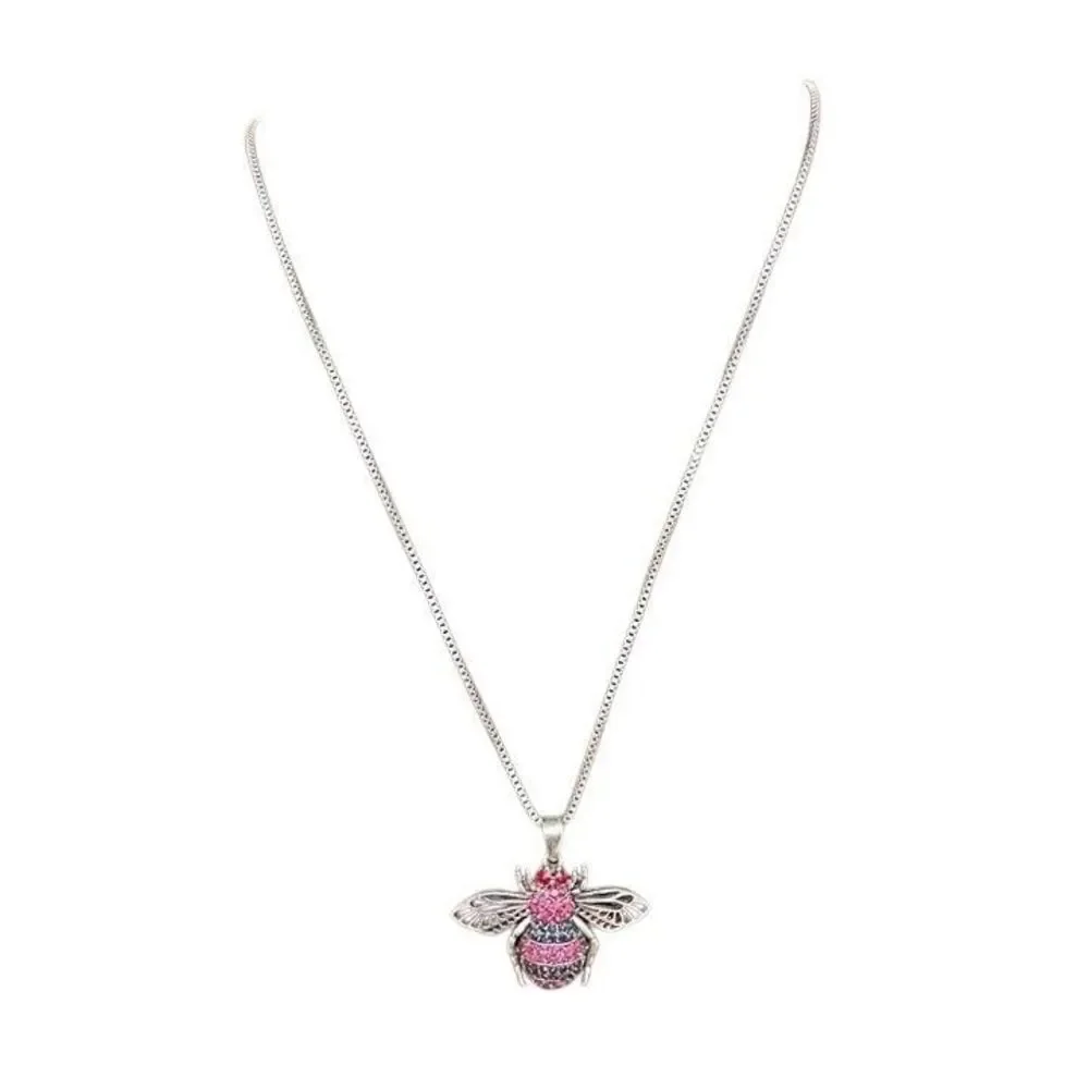 BETSEY JOHNSON Pink Crystal Bee Pendant Necklace Silver Tone Chain - Picture 2 of 3